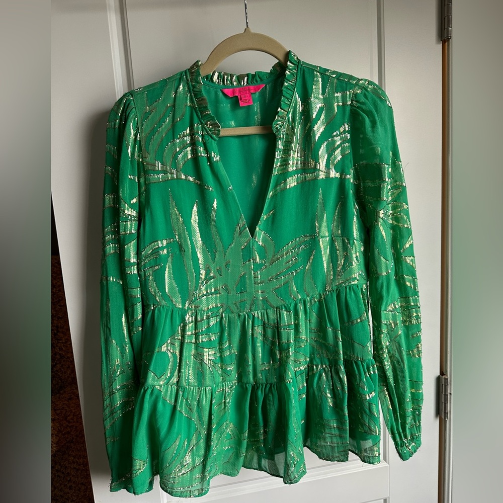 Lilly Pulitzer Green and Gold Patterned Blouse